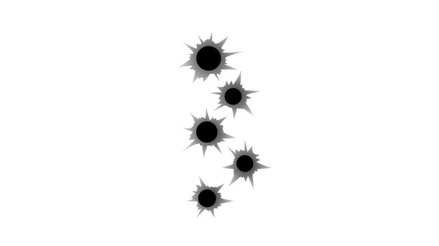 Animation of five bullet holes appearing in sequence, gunshot sound, target practice, transparent background, 4K video.