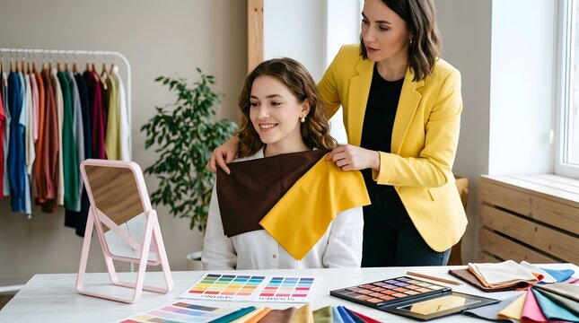 Professional Image Consultant Performing Seasonal Color Analysis Using Fabric Swatches for Young Woman