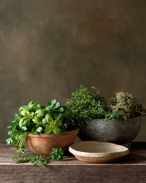 Fresh and dried culinary herbs on aged wood with clay bowl and imperfect ceramic dish showcasing wabi sabi botanical editorial styling