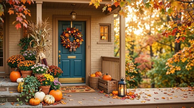 A charming front porch is decorated for autumn. A blue door welcomes visitors, adorned with a fall wreath and a "Welcome" mat.