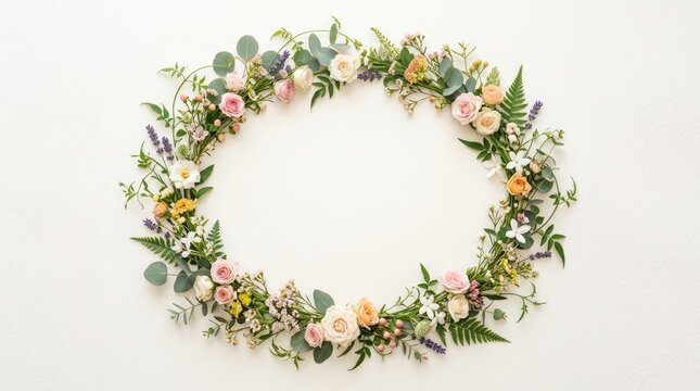 A beautiful floral wreath encircles a blank white space. The wreath is composed of a variety of pastel-colored roses, hydrangeas, and greenery, creating a delicate and romantic arrangement.