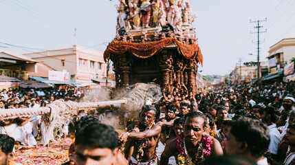 Obraz premium Towering wooden temple chariot pulled by devotees with heavy ropes during a dusty religious festival for cultural tradition and travel concepts
