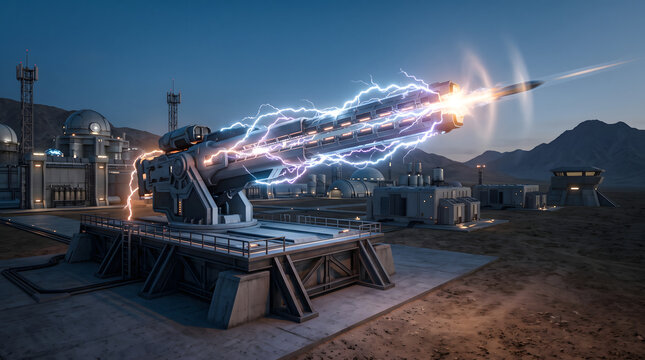 Futuristic Artillery Railgun Firing a High-Energy Projectile