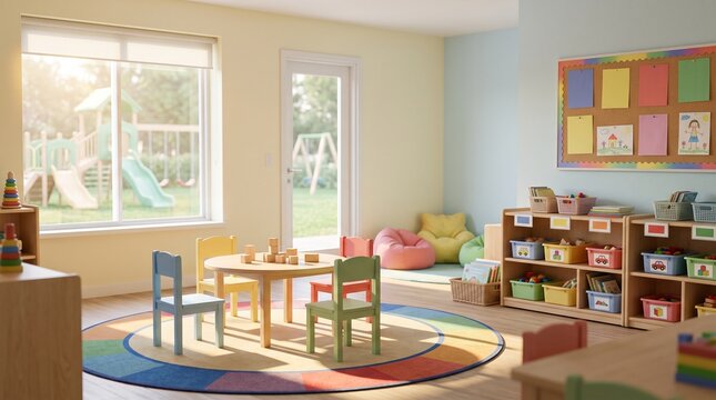 Bright modern kindergarten classroom interior with colorful furniture and toys
