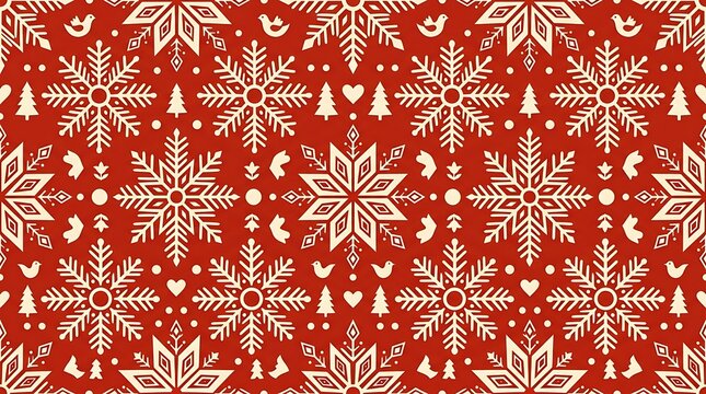 Festive red and cream folk art pattern with snowflakes and birds
