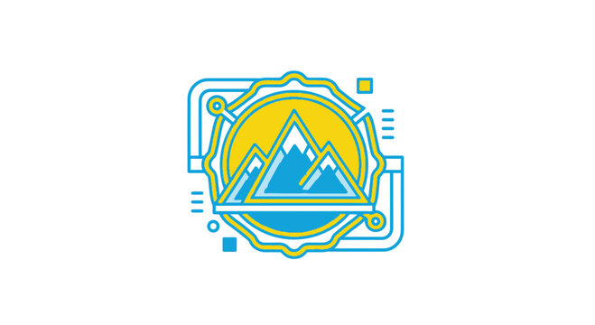 Geometric mountain emblem with circuit board elements, abstract logo design