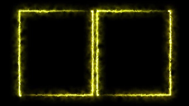 Glowing yellow neon double rectangular frame border with electric plasma energy effect on black background