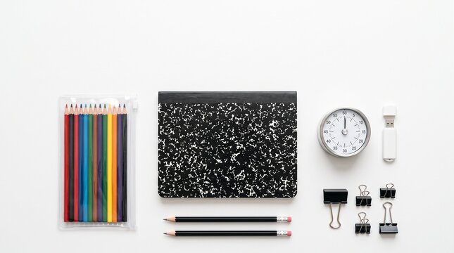 School supplies flat lay with notebook colored pencils and clock on white background