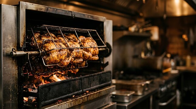 Whole rotisserie chickens roasting over a wood fire in a kitchen