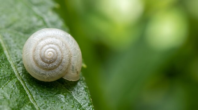 Small white snail shell on a green leaf macro photography