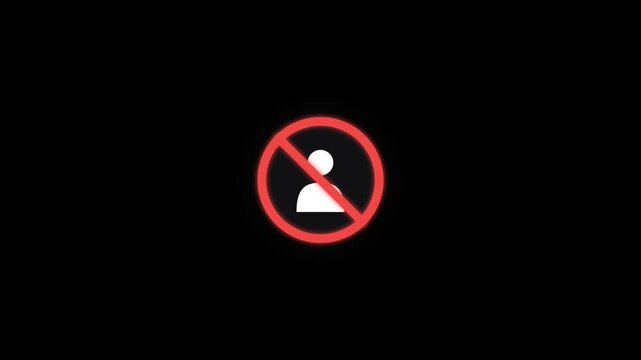 Animated no entry sign icon with person silhouette on black background. 4K Video