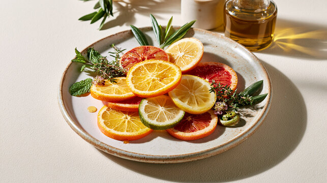 Sliced citrus fruits with olive oil and fresh herbs on imperfect ceramic plate showcasing wabi sabi seasonal simplicity and refined luxury