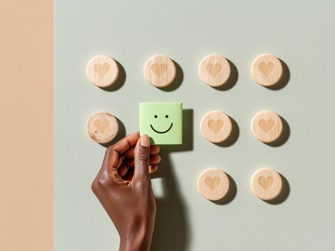 Wooden heart discs arranged on a sage green surface as a person places a happy face card for customer appreciation and positive feedback concepts