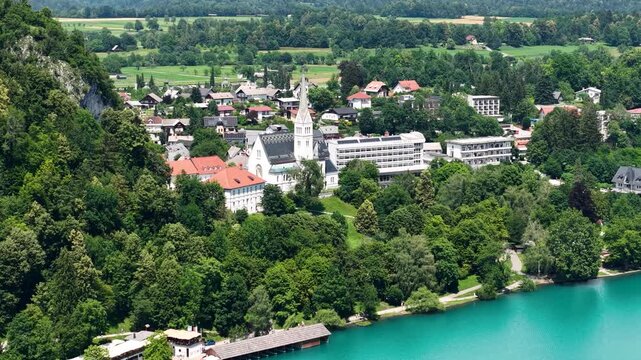 Drone Shot of Saint Martin&rsquo;s Church by Lake Bled Slovenia on Sunny Summer Day
