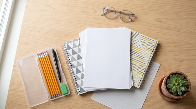 Blank paper stack mockup on wooden desk with notebooks and pencils top view