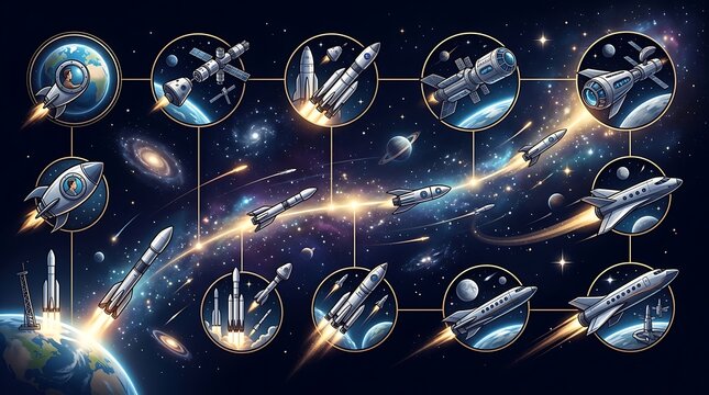 Timeline of space exploration featuring various rockets and satellites