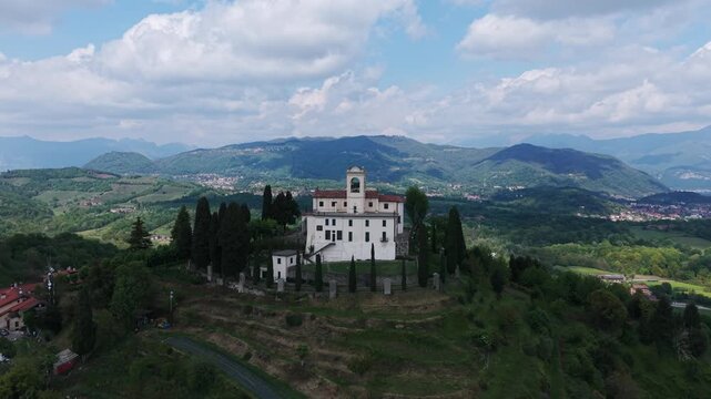 Aerial view of Sanctuary of Beata Vergine del Carmelo in Montevecchia, Italy