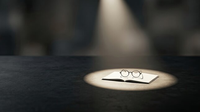 A spotlight illuminates an open book resting on a dark wooden table. The book is positioned in the center of a bright beam of light, creating a dramatic effect.