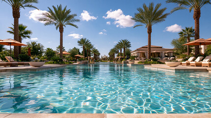Obraz premium Large Tropical Resort Swimming Pool Surrounded by Palm Trees Showing Relaxing Luxury Hospitality Environment Under a Bright Blue Sky