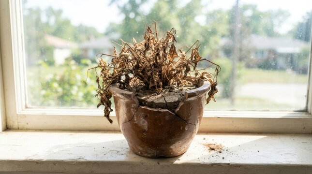 A withered succulent sits in a cracked terracotta pot on a windowsill. The plant's leaves are brown and dry, and the pot is broken.