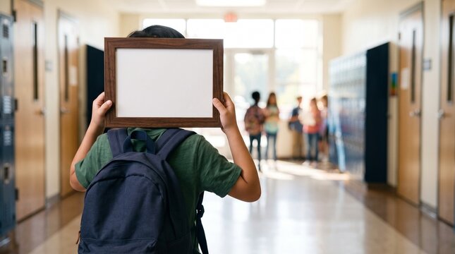 Student holding blank wooden frame over face in school hallway mockup