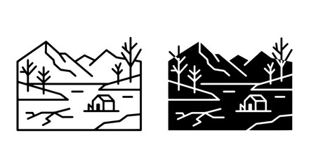 Naklejka premium Minimalist Landscape Icons, Mountain Nature Scenes, Outdoor Adventure Graphics, Simple Geometric Scenery