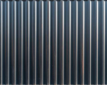 Dark blue ribbed metal shipping container wall texture with vertical corrugation and hard shadows for industrial logistics backgrounds