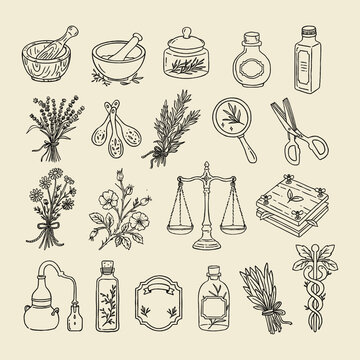 Hand drawn vintage line art icon set featuring apothecary equipment, herbal bundles, and antique remedy bottles in an engraving style.
