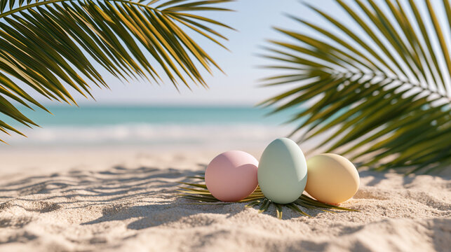 Sunny Holiday View of Pastel Easter Eggs Resting on Tropical Beach Sand Beneath Arching Green Palm Leaves