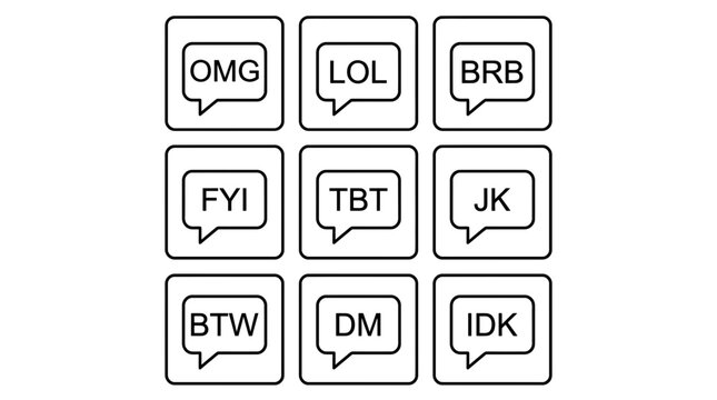 Chat Bubble Icons with Common Acronyms - OMG, LOL, BRB, FYI, TBT, JK, BTW, DM, IDK
