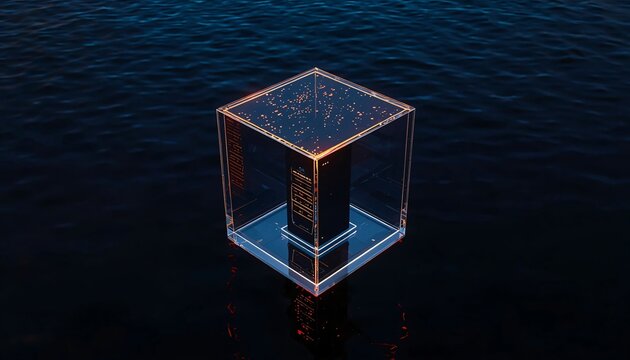 Floating Glass Cube Server Above Dark Ocean Surreal Cybersecurity Protection Concept Minimal Enterprise Technology Background