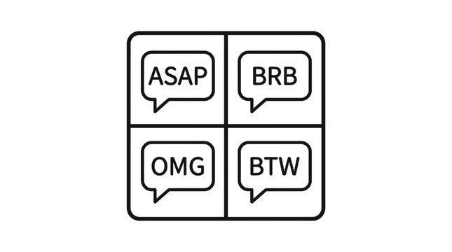 Chat Bubbles with Acronyms: ASAP, BRB, OMG, BTW. Communication Icons.