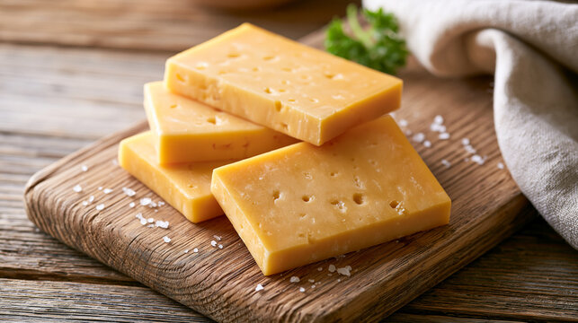 Slices of Golden Cheddar Cheese on a Rustic Wooden Board With Salt Crystals and a Linen Cloth