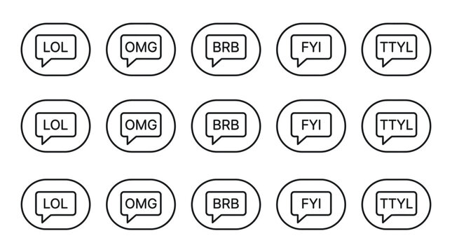 Chat Bubbles with LOL, OMG, BRB, FYI, TTYL Acronyms - Vector Icons