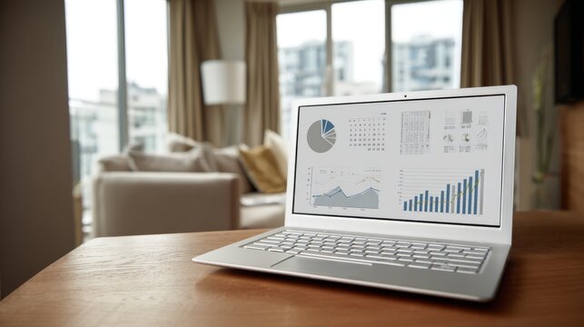 Laptop Screen Displaying Business Graphs Charts Diagrams and Schedule on Desk in Empty Office, Corporate Data Analysis, Financial Planning, Project Management, Business Strategy, Productivity, Researc