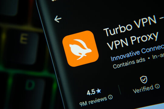 Singapore, Singapore - 23 July 2026: Turbo VPN app page on Google Play Store is seen on a smartphone screen.