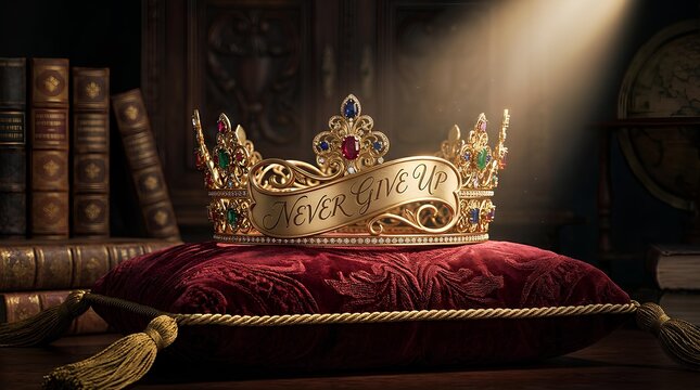 Golden crown with Never Give Up text resting on a velvet pillow