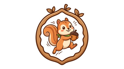 Fototapeta premium cartoon squirrel holding acorn in wooden frame