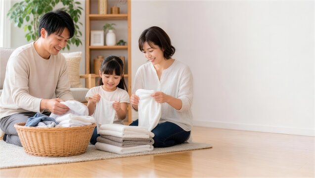 洗濯物をたたむ三人家族