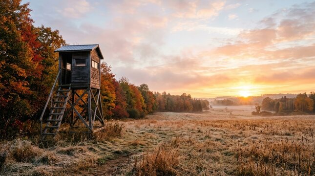 A rustic wooden hunting blind stands in a vast, golden field during a beautiful autumn sunrise. The hunter's blind is elevated on a wooden platform with a ladder.