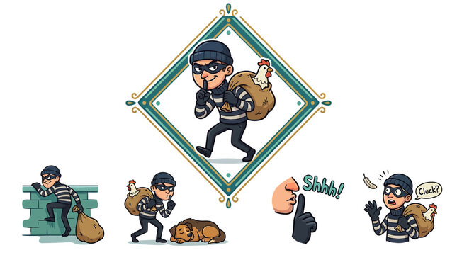 Cartoon Thief Stealing Chicken | Funny Robber Character Concept