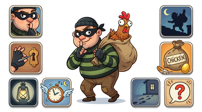 Cartoon Thief Stealing Chicken with Bag, Stealthy Icons