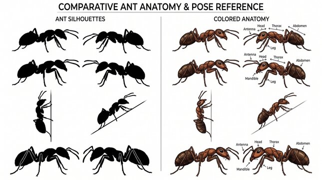 Comparative ant anatomy chart, silhouettes and colored poses, labeled body parts, scientific reference, insect morphology visualization, educational entomology illustration.
