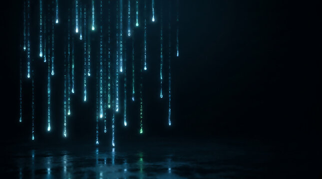 Soft falling digital data streams cascading onto a dark reflective surface representing high-tech information flow and abstract computing concepts