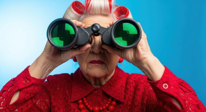 Funny Senior Woman with Red Hair Rollers Looking Through Binoculars on Blue Background, Nosy Grandmother Concept