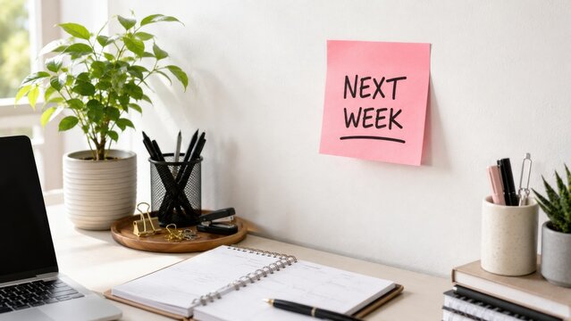 Pink sticky note with next week written on white office wall above desk with laptop and gear.