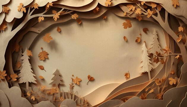 3D paper cut out circular forest frame background with autumn leaves and copy space