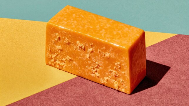 A block of aged cheddar cheese on a colorful geometric background, featuring crumbly textures and bold shadows for food marketing and dairy packaging