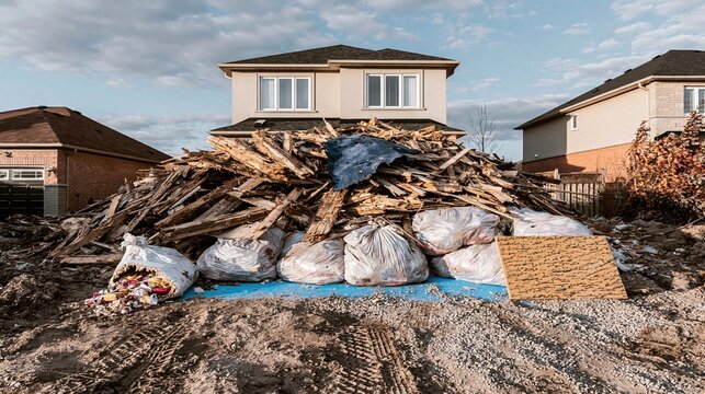 Large pile of construction debris and splintered wood planks on a blue driveway for home renovation and disaster cleanup concepts
