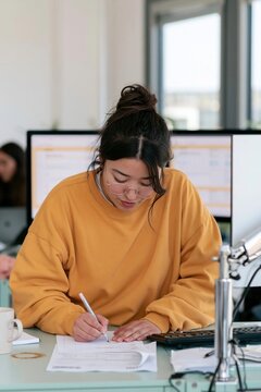 Young East Asian woman in a yellow sweatshirt focusing on paperwork at a desk for procurement and supply chain management themes, copy space above